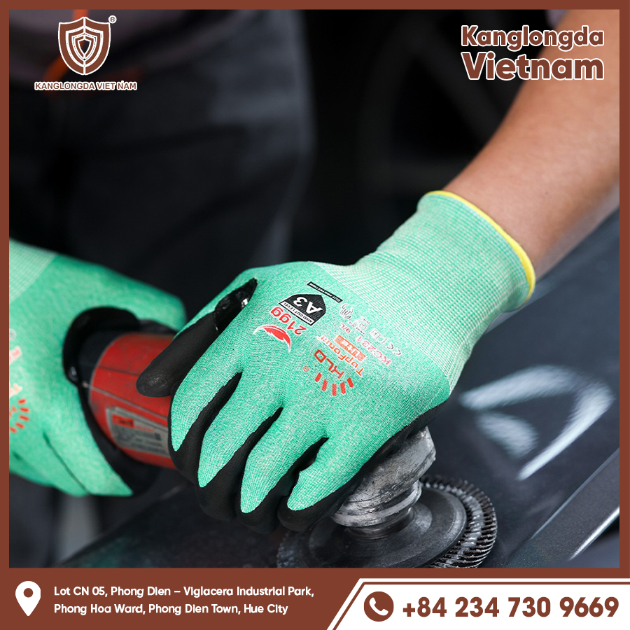 Thick, abrasion-resistant gloves protect hands when sanding surfaces.