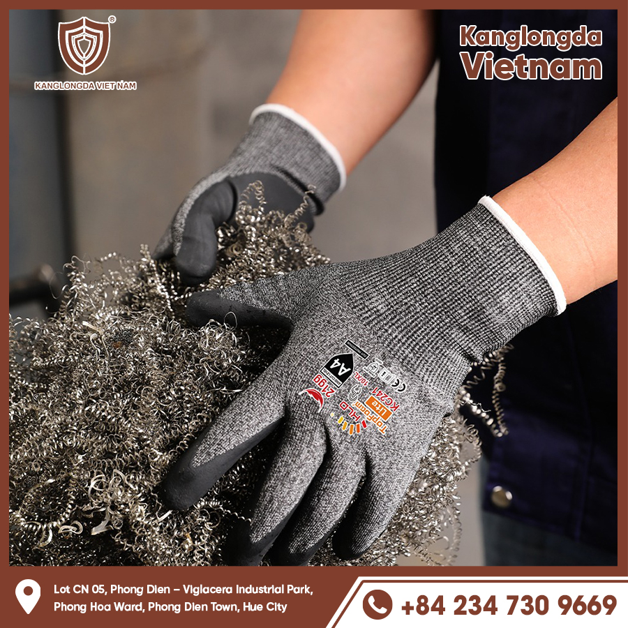 Thick, abrasion-resistant gloves protect hands from sharp metal splinters when cutting.