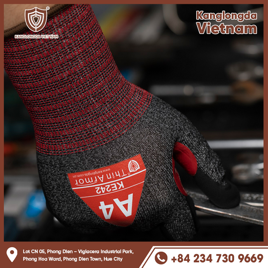 Close-up of gloves with knitted material and clear product label