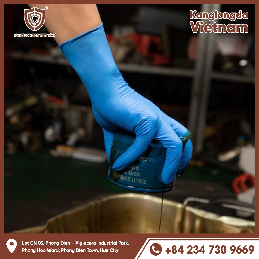 Disposable oil resistant gloves protect hands when handling oil cans.