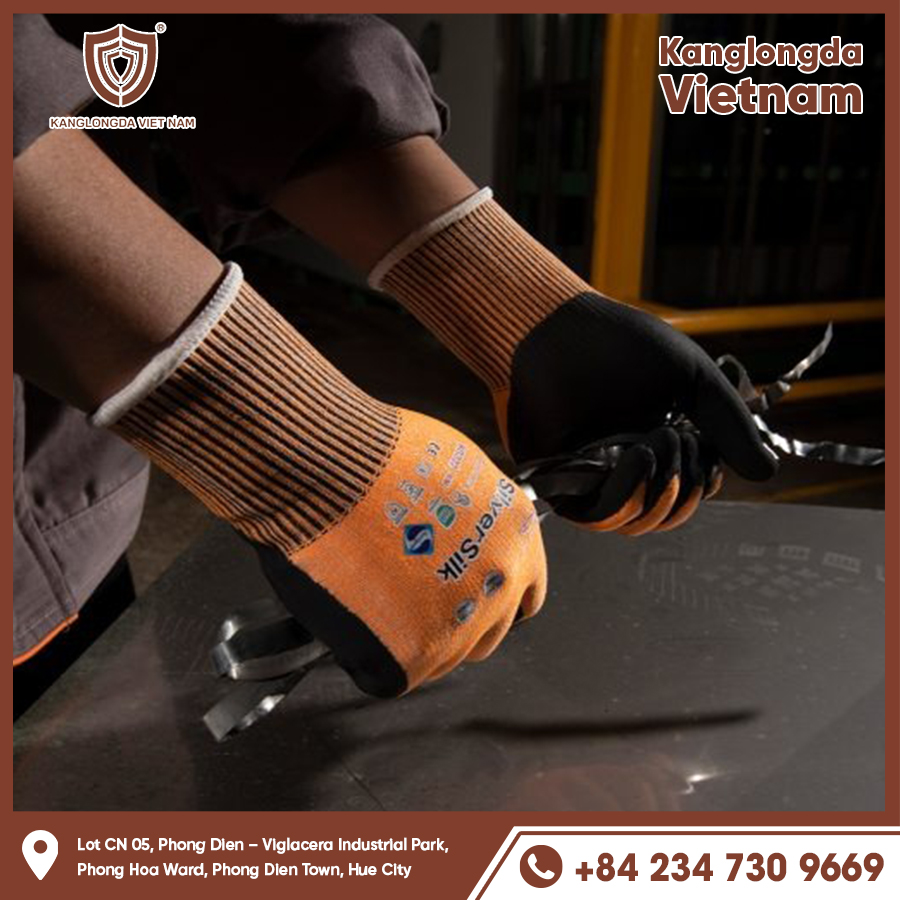 Cut and abrasion resistant gloves, protect against sharp metal splinters.