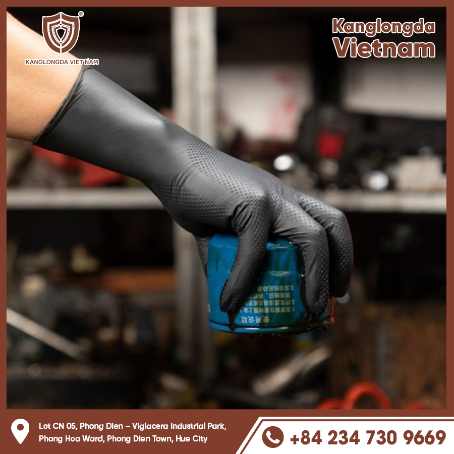 Disposable oil resistant gloves protect hands when handling oil cans.