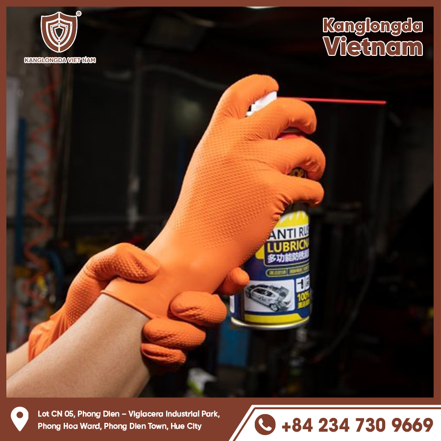 Chemical resistant disposable gloves protect hands when handling paint cans.